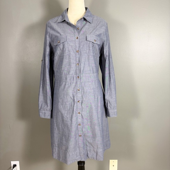 Chambray Shirt Dress L? Midi Flare Tailored Classic Preppy Office Timeless Fall - Picture 1 of 7
